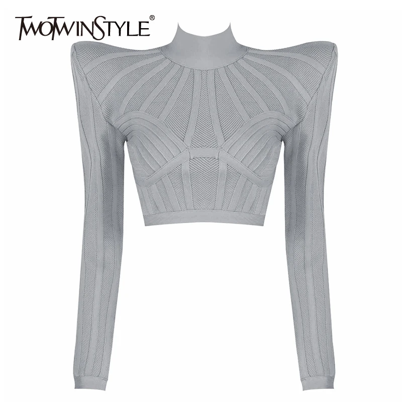 

TWOTWINSTYLE Casual Knitted Solid T Shirt For Women Turtleneck Long Sleeve Korean Slim Short T Shirts Female 2021 Spring Fashion