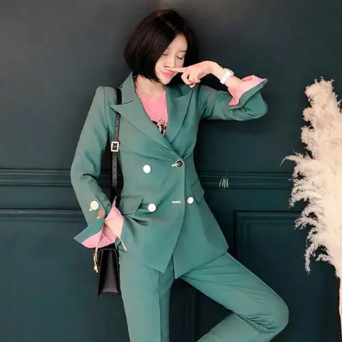 Ol Vogue комплект из двух предметов топ и брюки Одежда для женщин Модный женский костюм ансамбль Женский Две предмета Conjunto Feminino - Цвет: Зеленый