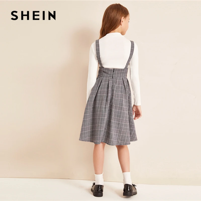 SHEIN детский для девочек, цвет: серый, на пуговицах спереди без бретелек плиссированное платье в консервативном стиле; платье-сарафан осень ремни Высокая Талия милые по колено платья