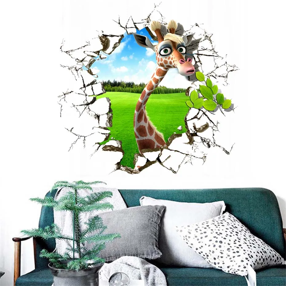 Wild Animal Giraffe Elephant Break the Wall 3D Sticker 3D Effect Decals for Kids Children Nursery Baby Room Living Room Sofa background Decoration Home Art Vinyls Mural Creative Removable Self-adhesive Wallpaper Gift