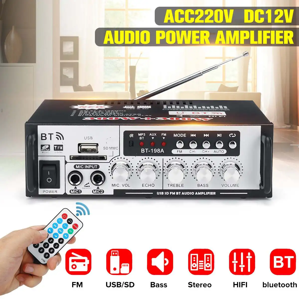 AC220V DC12V HIFI усилитель мощности беспроводной bluetooth бас аудио FM радио U блюдо TF карта усилитель мощности домашний усилитель