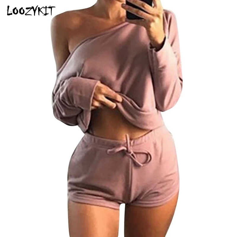 

LOOZYKIT Autumn Hoodies Sweatshirt Plus Shorts Women Two Pieces Set Casual Long Sleeve Pullovers Short Pants Suit Tracksuits