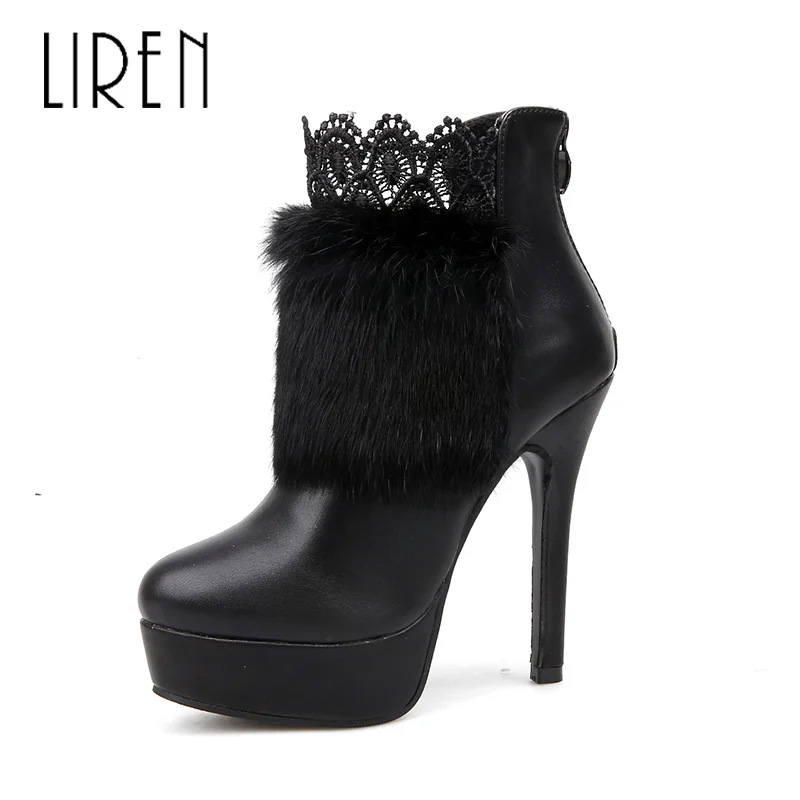 

Liren 2019 Winter Women Fashion Ankle Zip Warm Fur Short Plush High Thin Heels Platform Women Boots Round Toe Comfortable Boots