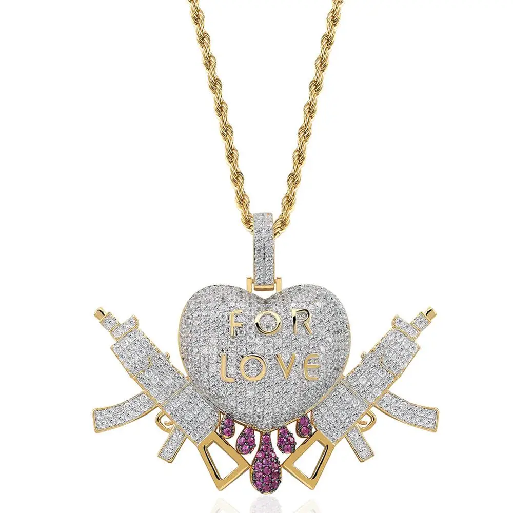 

Hip Hop Micro Paved AAA Cubic Zirconia Bling Iced Out Forever Love Heart Gun Pendants Necklace for Men Rapper Jewelry Two Tone