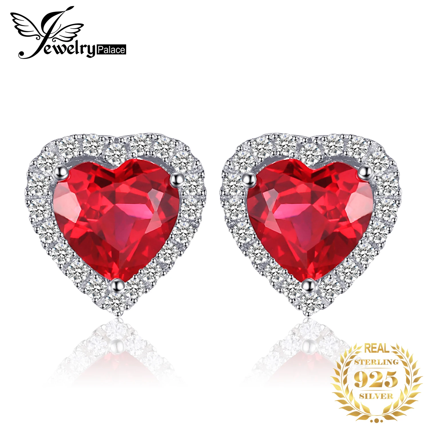 JewelryPalace Heart Created Ruby Stud Earrings 925 Sterling Silver Earrings For Women Gemstone Korean Earings Fashion Jewelry