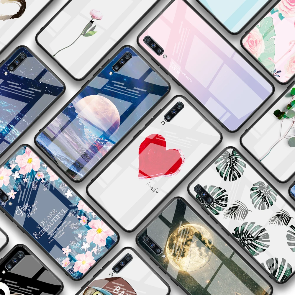 

Glass phone case For Samsung Galaxy A70 A50 A30 A20 A10 M20 S8 S9 S10E Note 10 9 8 s10 J6 J4 Plus A7 2018 Flamingo owl sky Cover