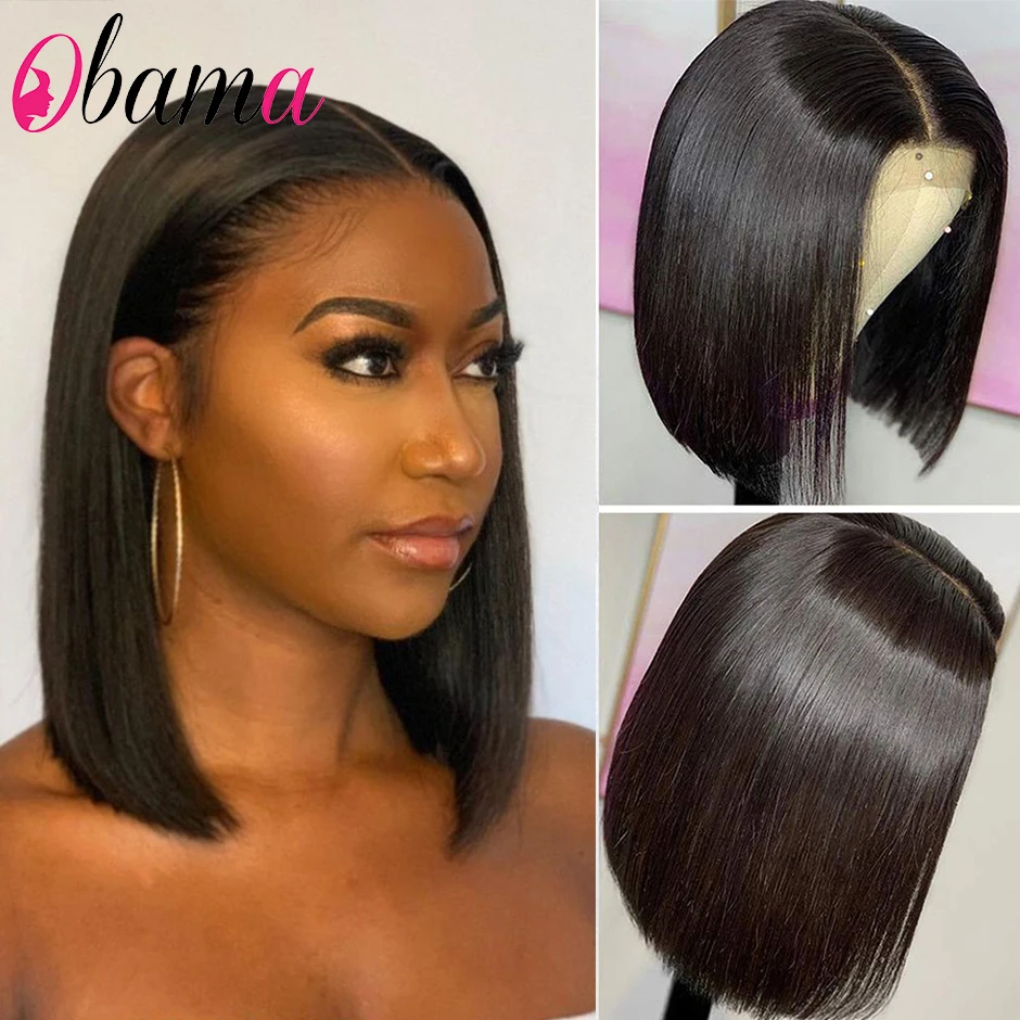 Pelucas de pelo humano con corte Bob para mujeres negras, 4x4, cierre de encaje prearrancado con pelo de bebé, corte Blunt, 8-16 pulgadas, peluca recta con corte Bob