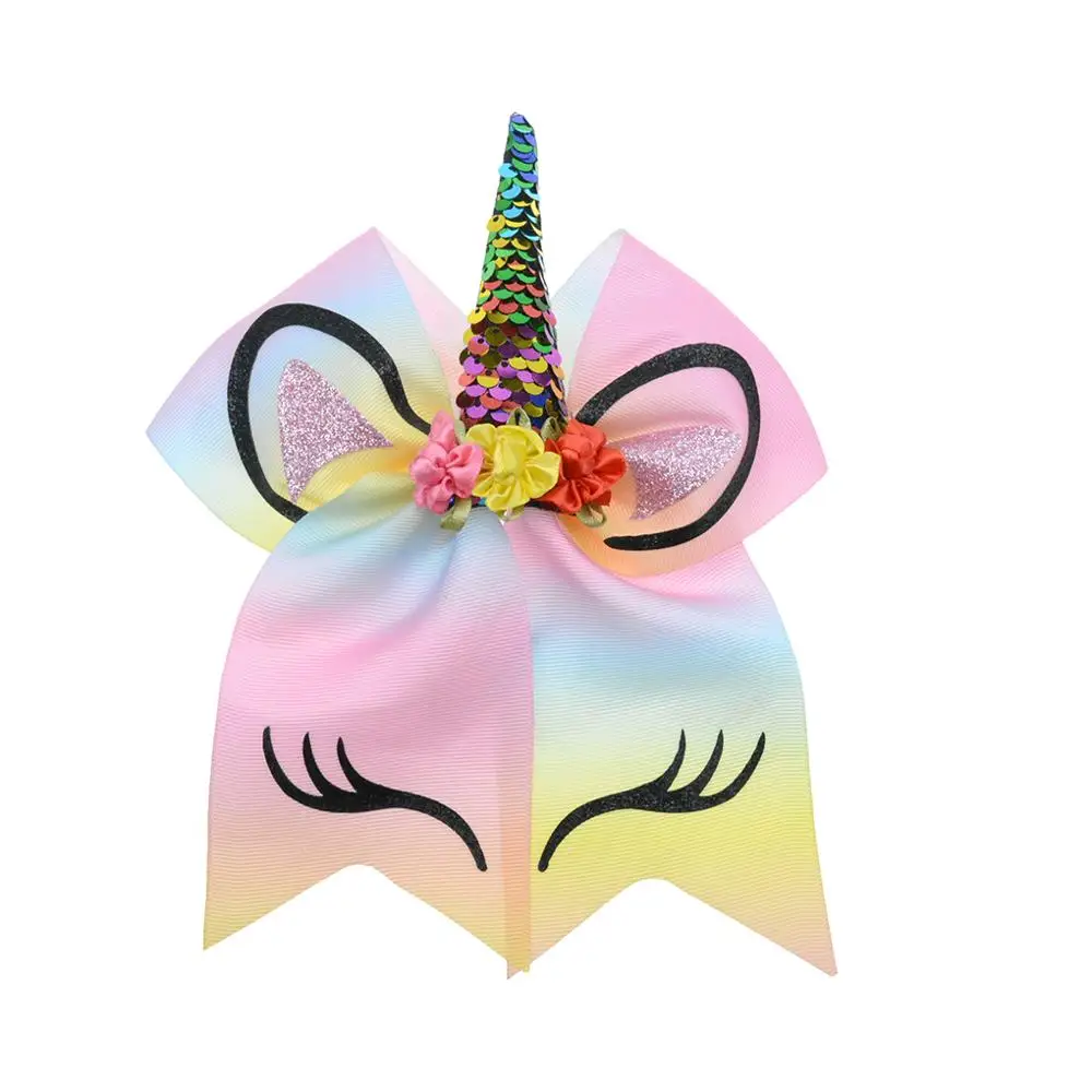 Радужные эластичные резинки для волос с бантиком в виде единорога для девочек, аксессуары для держателей в виде конского хвоста - Цвет: Многоцветный