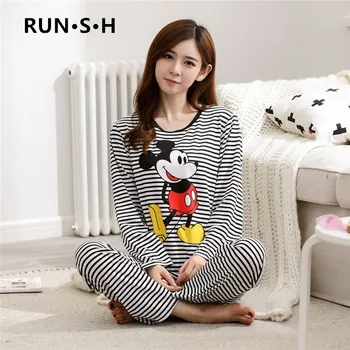 

Minnie Winter 2pieces Pyjamas Set Cartoon Mickey Printed Sleepwear Set Long Sleeve Women Pajamas Set Soft Loose Home Clothes