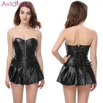 

3 Piece Women Slim Leather Corset Sexy Slash Neck Sleeveless Mini Babydoll Solid Lingerie Sleepwear Erotic Costumes Sleepdress