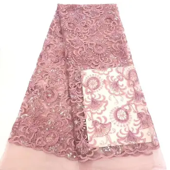 

2020 African Net Lace Fabric, High Quality Elegant Pink Sequins Nigerian Wedding Lace Fabrics 5Yards Sequins French Tulle lace
