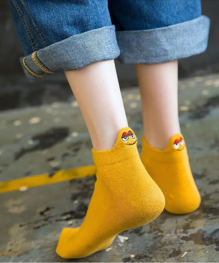 4 Pairs/lot Women Socks Kawaii Embroidered Expression Boat Socks Candy Color Cotton Breathable Ankle Socks Unisex Funny Socks