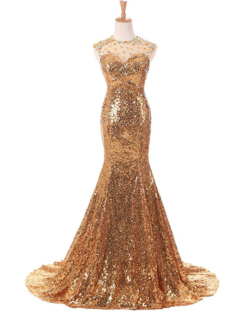 

Gold Long Evening Dress Mermaid Sleeveless Sequins Beading Prom Party Women Dresses Robe De Soiree Wedding Guest Gown