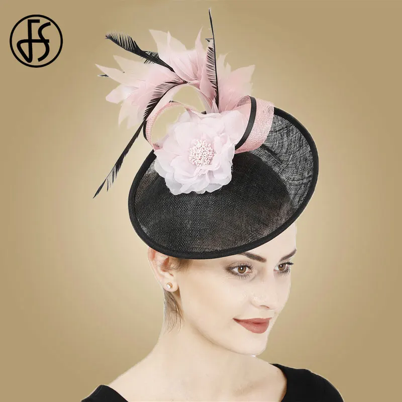 

FS Sinamay Hats Kentucky Derby Big Fascinators Women Hat Elegant Black Ladies Church Wedding Party Pink Flower Headwear Fedoras