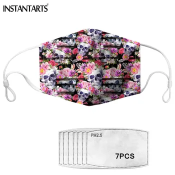 

INSTANTARTS 2020 Women Men Mouth Mask Floral Rose Sugar Skull Print Germ Protection Face Cover Masks 7PCS Filters for Children's
