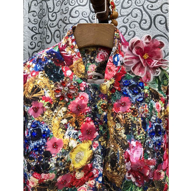 Günstig SEQINYY Luxus Jacke 2020 Frühling Herbst Neue Mode Design Perlen Pailletten Kristall Bunte Blumen Druck Jacquard Top Frauen