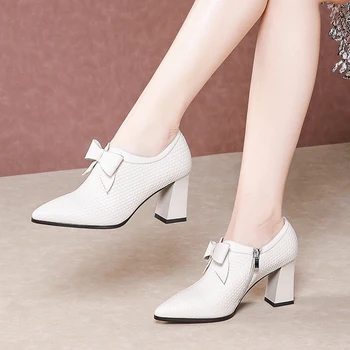 

Genuine Leather Shallow Women Brand Pumps Elegant Office Basic Dancing Shoes Woman Spring autumn Plus Size Square Heels