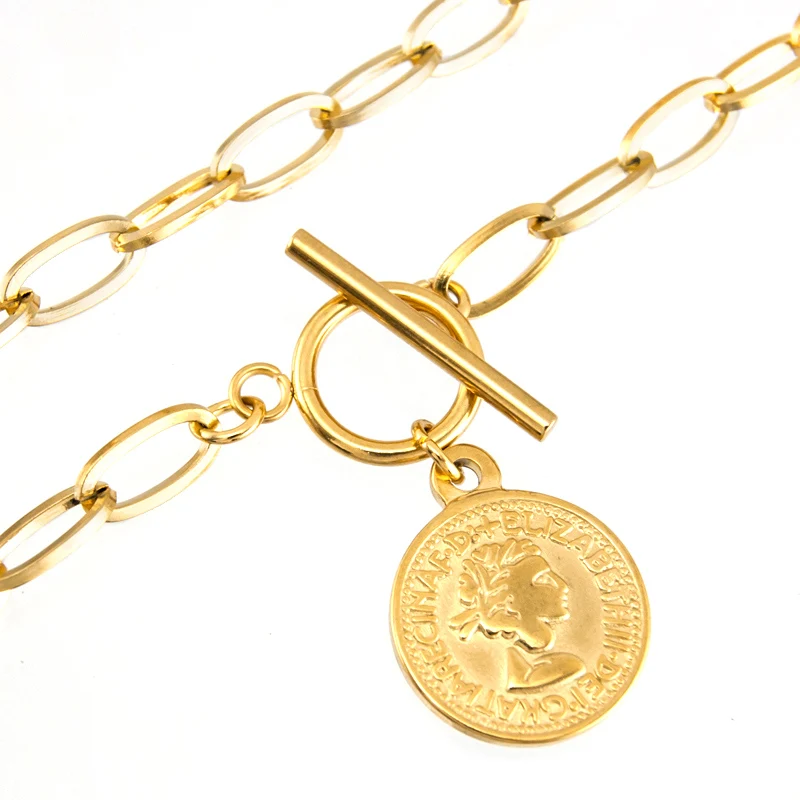 S.steel WOMEN coin penny Long T BAR CHOKER NECKLACE GOLD COLOR Toggle PENDANT NECKLACE collares de moda Boho Collier gift