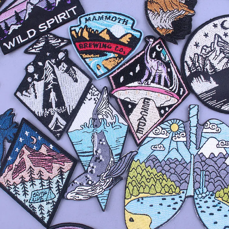 Patches Clothing UFO Iron-On Adventure Mountain-Space Embriodered Stripe Trave Natural