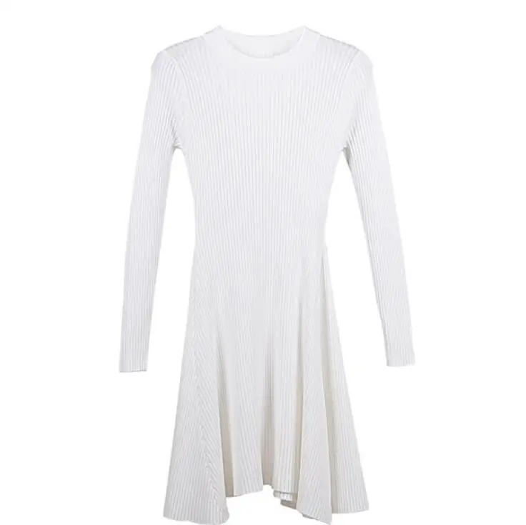 Платье-свитер с длинным рукавом, женское платье с неровным подолом, повседневное осенне-зимнее платье, женское платье трапециевидной формы с круглым вырезом, мини минималистичные вязаные платья - Цвет: Белый
