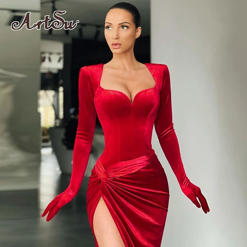 Artsuelegant Gown Long Dress Evening Club Outfits For Women Gloves