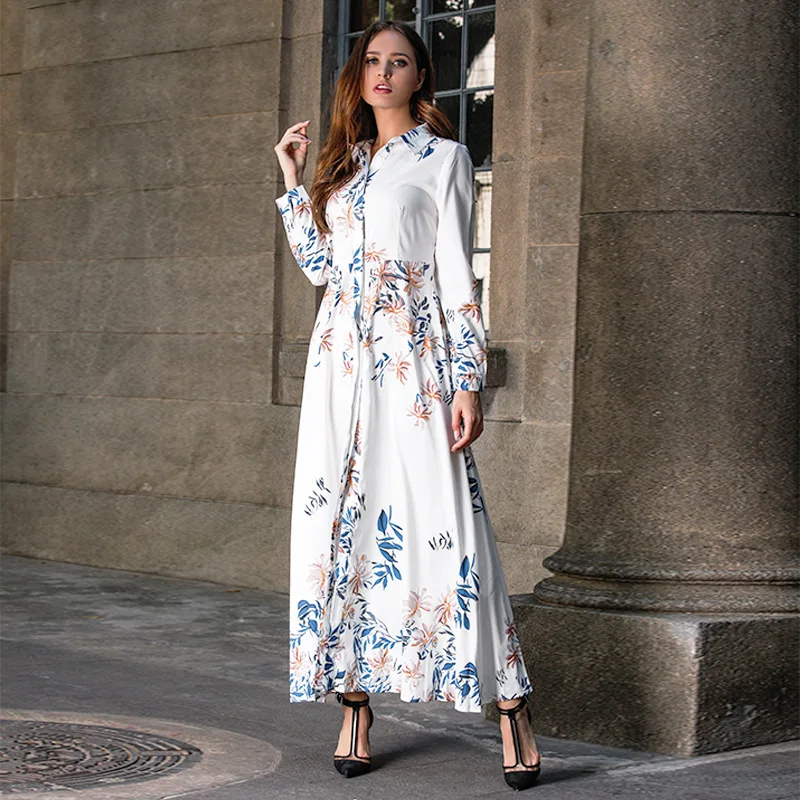 

2019 Europe And America Spring And Summer New Style Women's Dress Random Positioning Printed Bohemian Casual Long Sleeve Big Hem
