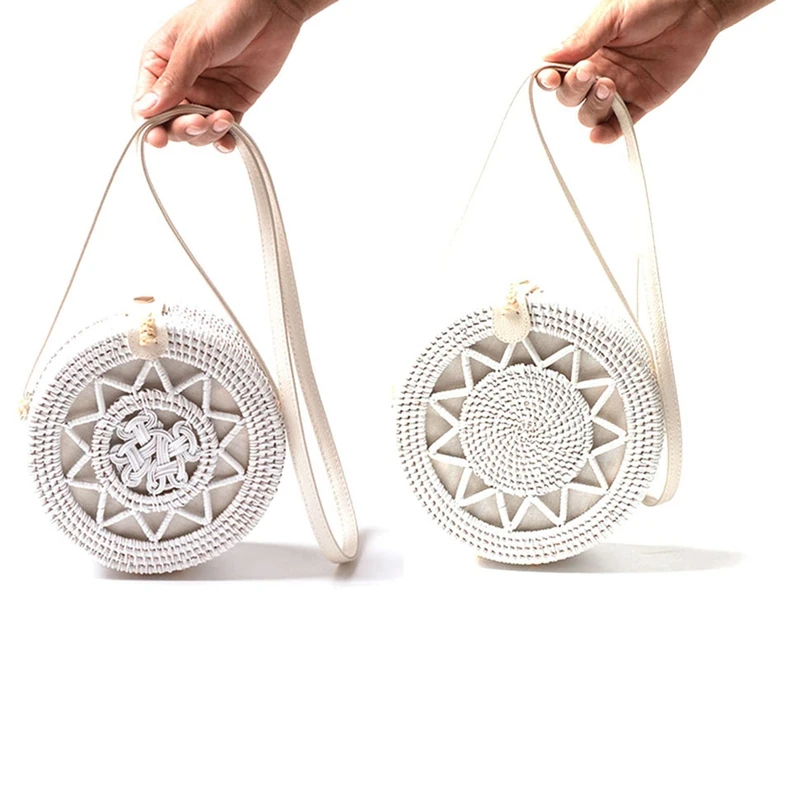 

2 Pcs New White Round Rattan Bags for Women Boho Beach Crossbody Bag Straw Handmade Woven Circle Shoulder Bag Female Handbags, S
