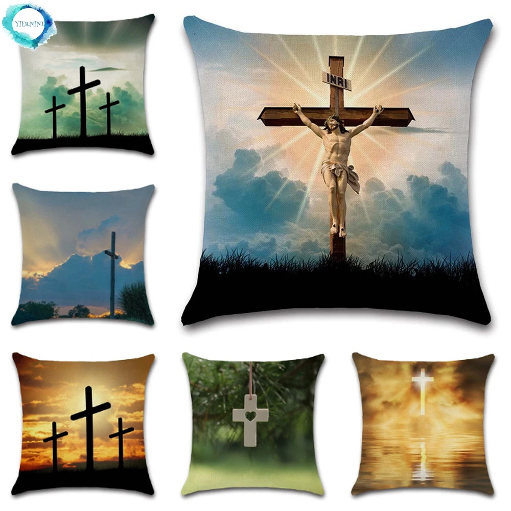 Jesus Christianity Cross Pattern Cushion Cover Cotton Linen Pillow
