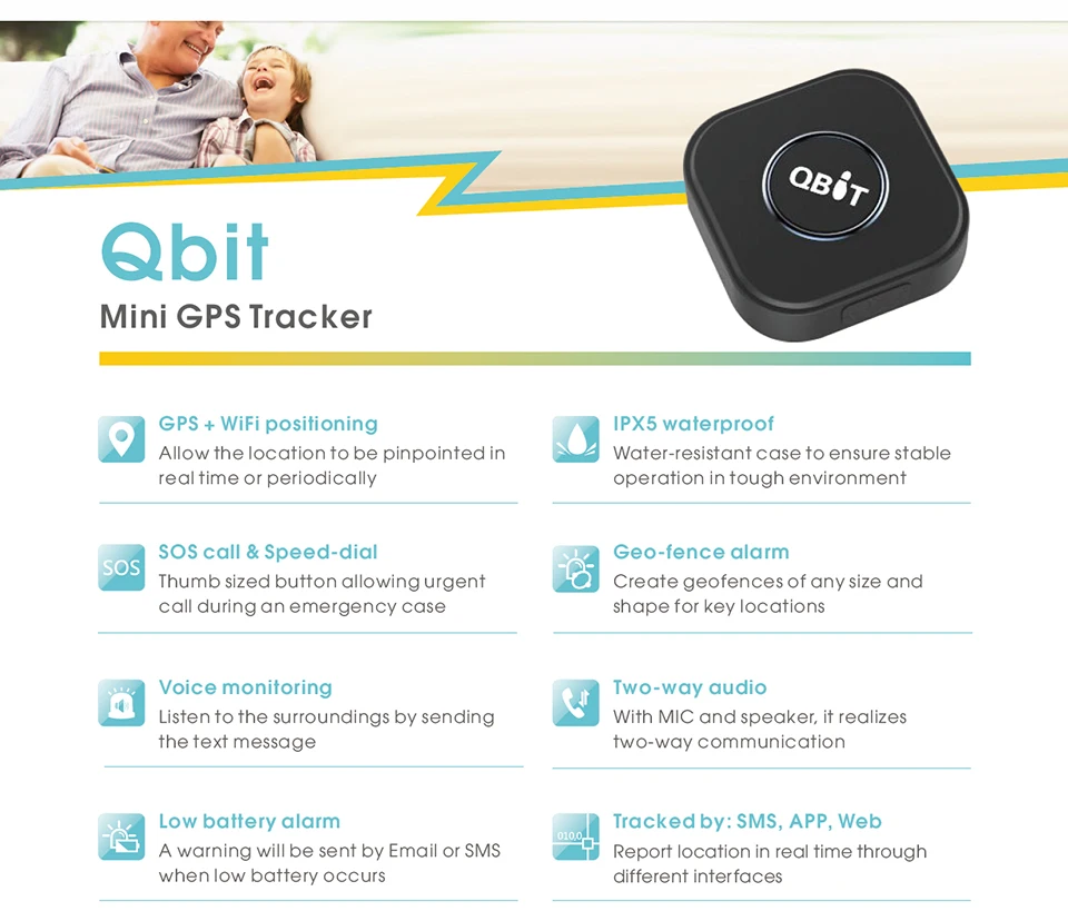 Mini Portable Qbit GPS Tracker with Anti-theft GPS Tracking& SMS Locator for Kids Elderly Pets PC& Mobile APP Remote Control