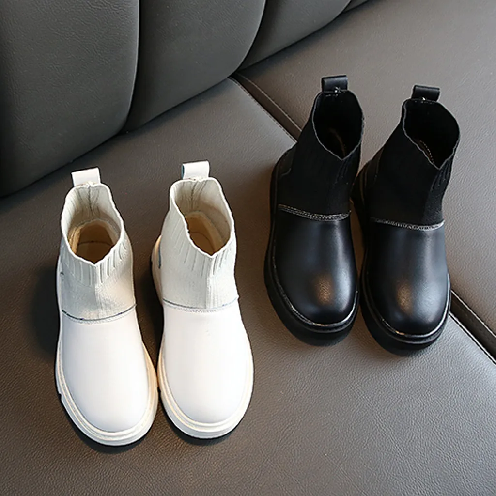 Детские ботинки для девочек зимняя обувь британский стиль плюс бархатный носок сапоги для девочек черный, белый цвет по щиколотку ботинки, детская обувь