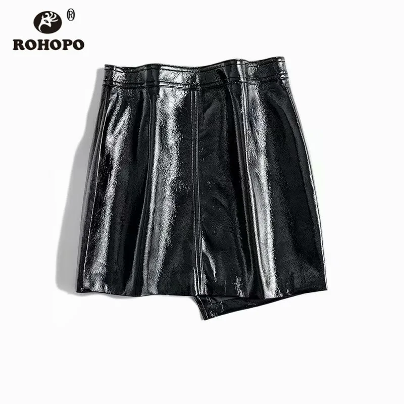 ROHOPO передняя молния муха Черный Серебряный искусственная кожа Асимметричная юбка женская шикарная Осенняя расклешенная кромка твердая кожа Falda#1985
