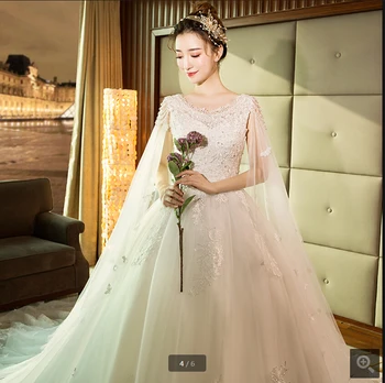

2019 free shipping white lace appliques ball gown wedding dress scoop neckline with cape pearls princess bride gowns hot sale