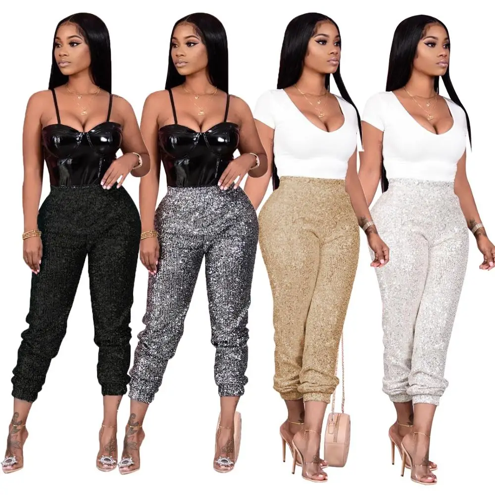 

Women Fashion Sequin Glitter Long Pencil Pants Elastic PU Leather High Waist Drawstring Black Party Ladies Trousers Streetwear