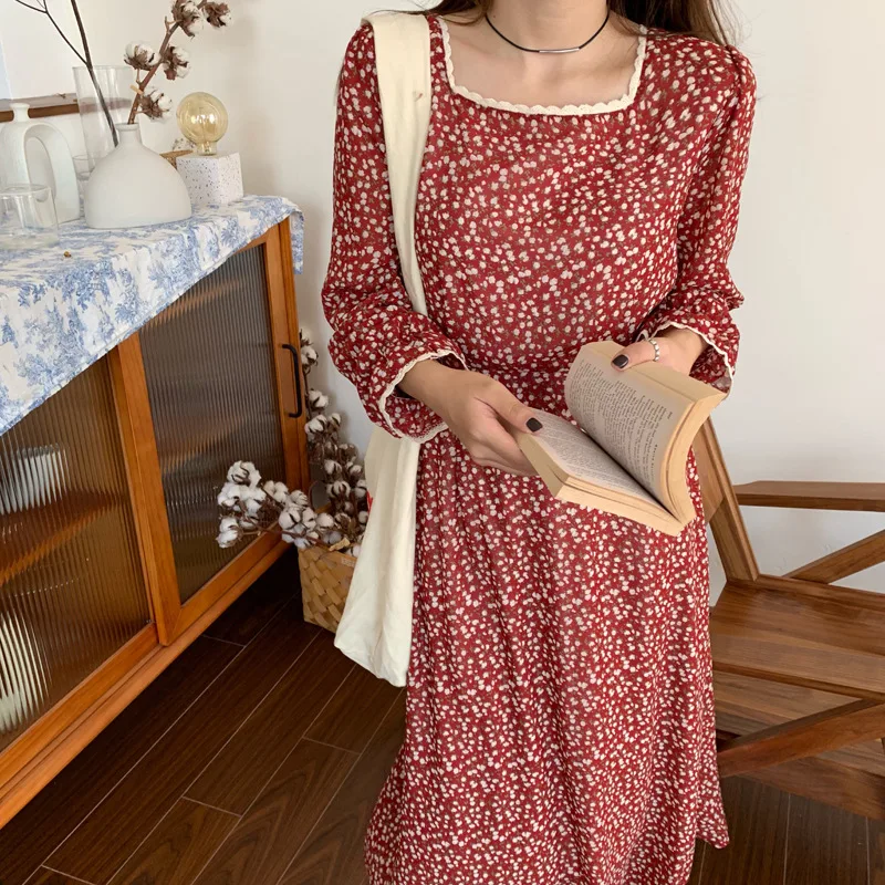 

Shredded Flower High-waist Long-sleeve Dress Female Autumn 2019 New Korean Edition Student Tie Square Neckle Mid-long