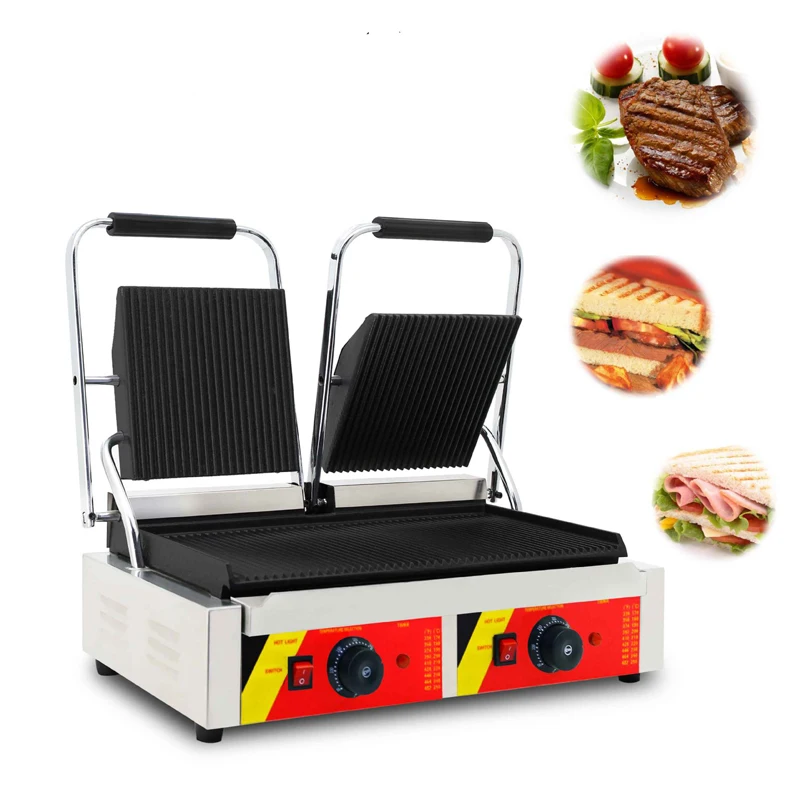 

Commercial Electric Steak Sandwich Burger Panini Press Plate Double Contact Grill Machine Non-Stick waffle Breakfast Machine CE