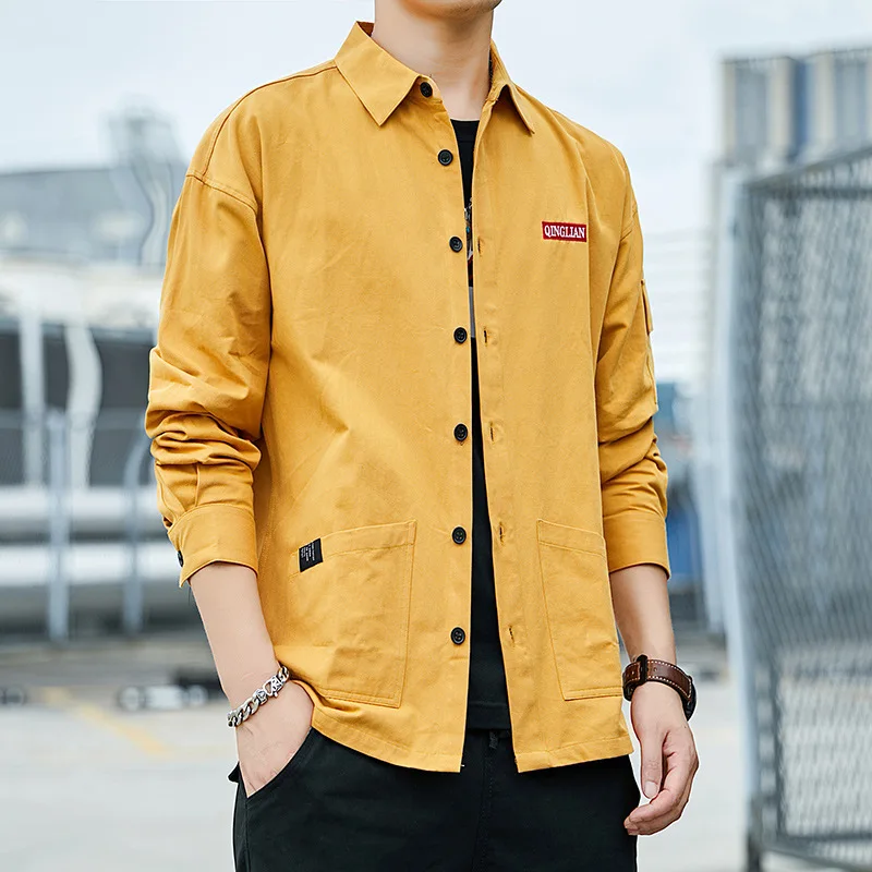 Модная мужская рубашка с длинным рукавом, новинка, однотонная, стиль сафари, хлопок, рабочая одежда, Bokchoy-оставайтесь стильными во время работы - Цвет: Цвет: желтый