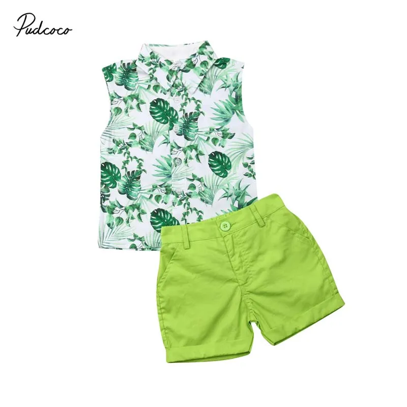 

2019 Brand Casual Toddler Kids Baby Boy Clothes Green Leaf Print Sleeveless Shirt+Shorts Pants Outfits Gentleman 2Pcs Beachwear
