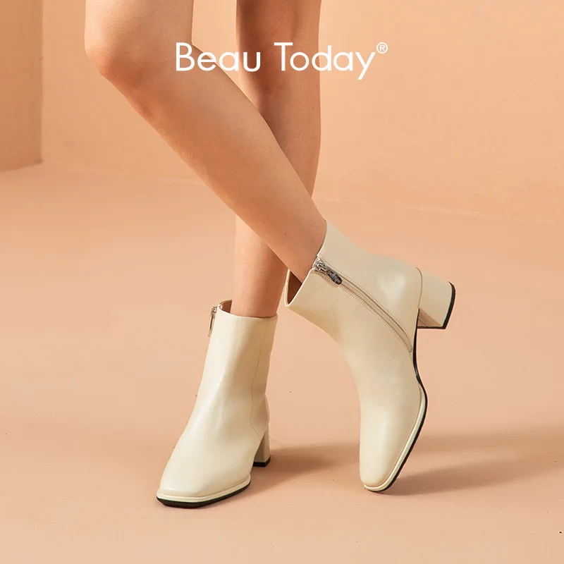 

BeauToday Ankle Boots Women Sheepskin Leather Side Zipper Square Toe Autumn Elegant Ladies Thick Heel Shoes Handmade 03253