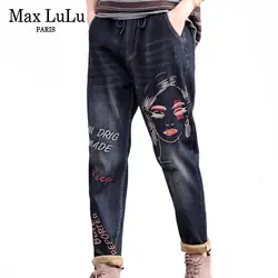 Max LuLu 2019, модные корейские женские зимние джинсовые брюки в стиле панк, женские теплые джинсы с вышивкой и мехом, винтажные шаровары размера