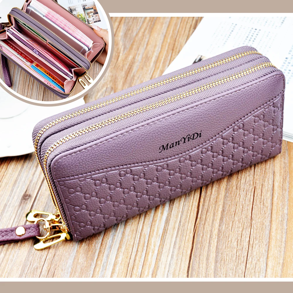 

Simple Floral Geometric Imprint Wrist Handbag Double Waterdrop Shape Zipper RFID Purse Thick Neat Thread Women Girl Long Wallet