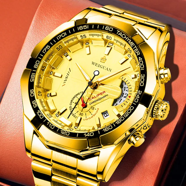 Мужские часы с календарём кварцевые в стильном золотом корпусе с браслетом 1