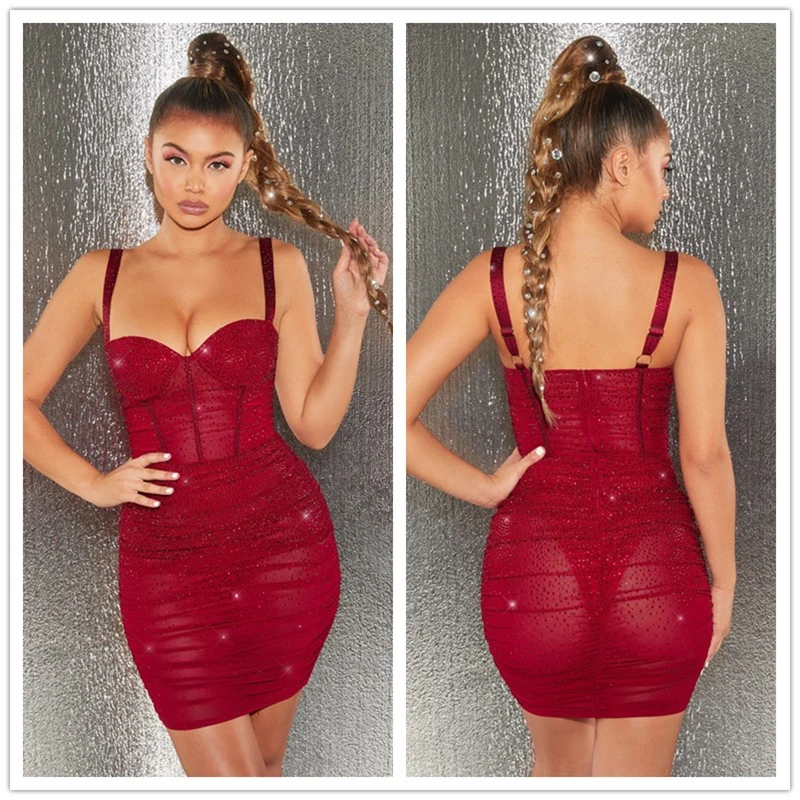 Красный Dressmecb, бриллианты, сексуальное женское платье, летнее, сверкающее, блестящее, красное, облегающее платье, v-образный вырез, на бретелях, Мини, Клубное, вечернее платье, vestidos - Цвет: Красный