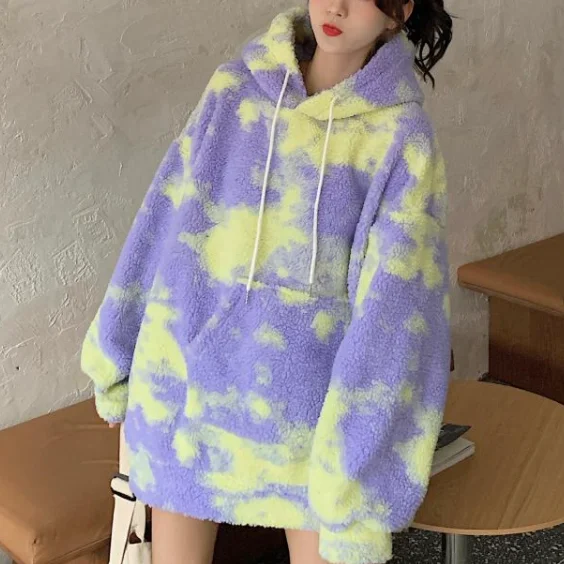 

2020 New Winter Korean Women'S Sweatshirt With Dyeing And Velvet Warm Lamb Wool Hoodie Harajuku Plus Size Pullover