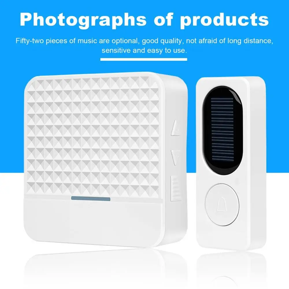 Solar powered Waterproof Wireless DoorBell EU US UK plug Smart Door Bell chime 1 button 1 Receiver LED light