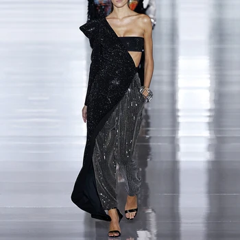 

ADYCE 2020 New One Shoulder Sequined Bandage Jumpsuits Sexy Hollow Out Long Sleeve Club Celebrity Evening Party Jumpsuit Rompers