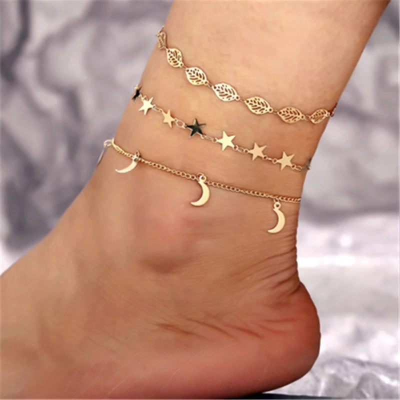 2019 новые boho дамские ножные браслеты Золотая Луна Звезды Подвеска круглой формы