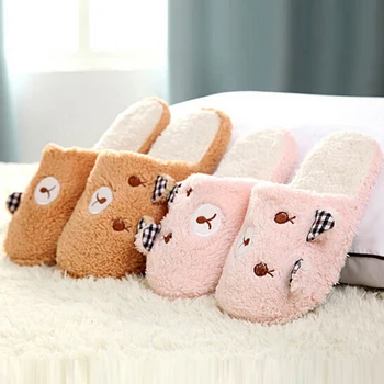 

Slipper Women Cartoon Bear Bottom Soft Home Slippers Indoor Slippers Slip-On Shoes For Bedroom House Plush Warm Cotton Shoes