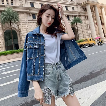 

Fashion new heavy work beaded Korean version of the loose Hong Kong wild denim short coat