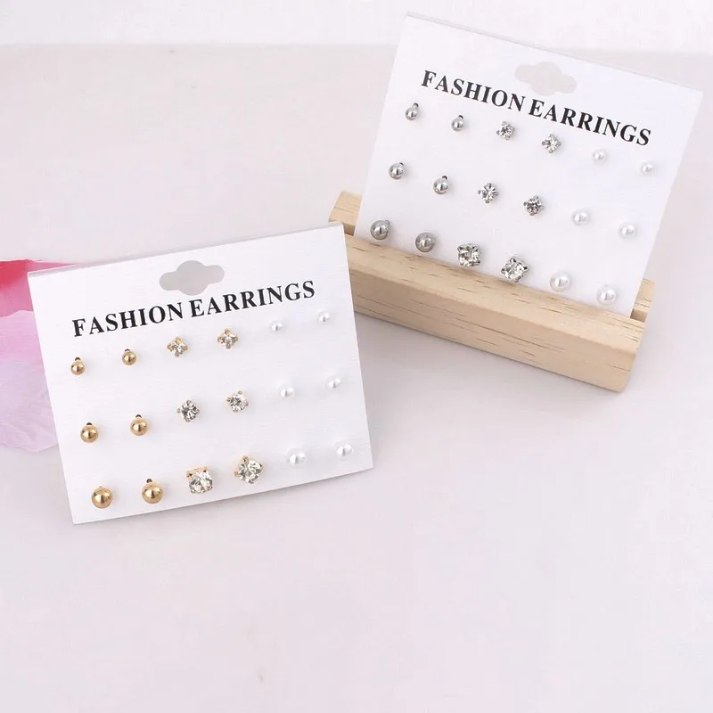 

New European and American New Earrings Simple Zircon Pearl Earring Nail Round 9 Pieces Set Small Jewelry Wholesale Earrings