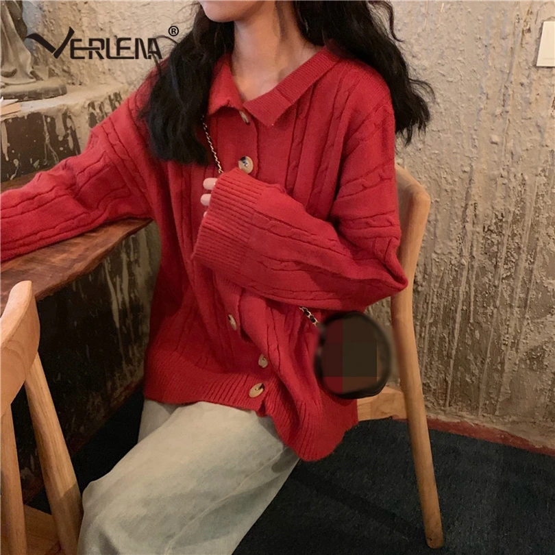 

Verlena Solid Red Loose Oversized Cardigan Wide Long Sleeve Cable Pit Knitted Korean Vintage Sweet Girl Sweater Women Fall 2019